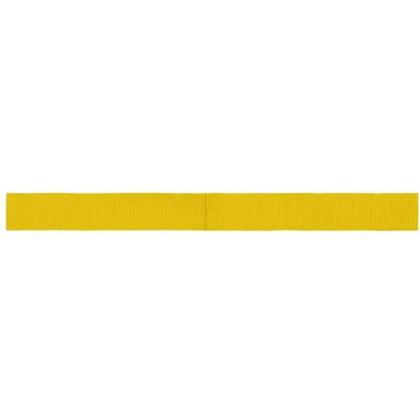 A yellow ribbon for promotion, made of fabric, featuring a logo.