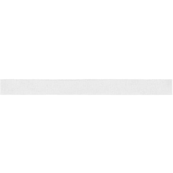 A white promotional ribbon with a smooth texture, featuring a logo at one end.
