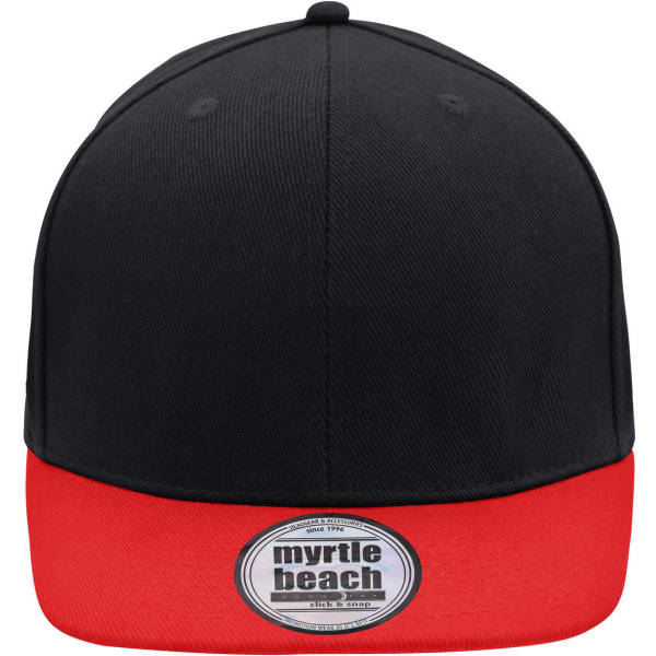 A black and red six-panel cap featuring a branded label on the front.