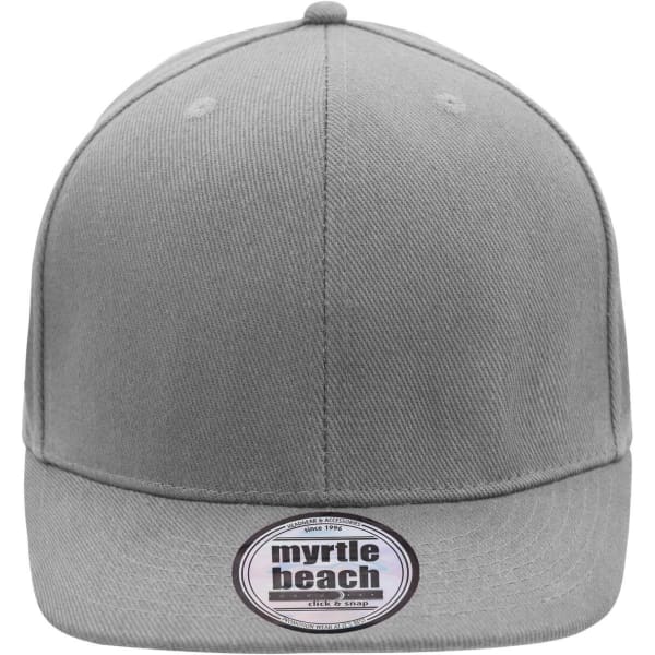 A grey 6 panel cap featuring a branded label on the front and a flat visor. Ideal for casual wear.