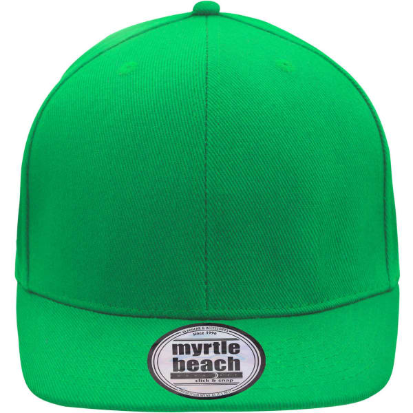 A vibrant green cap featuring a flat brim and a logo on the front. Ideal for casual wear.