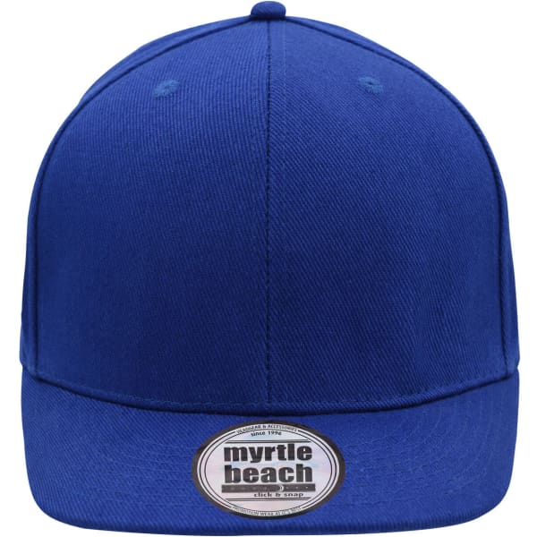 A blue six-panel cap with a curved brim and a logo on the front.