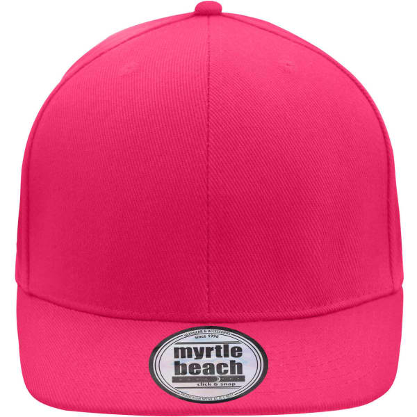 A bright pink six-panel cap featuring a flat brim and a branding label at the front.