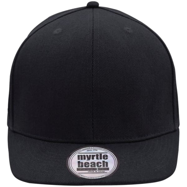 A black six-panel cap featuring a flat brim and a logo on the front.