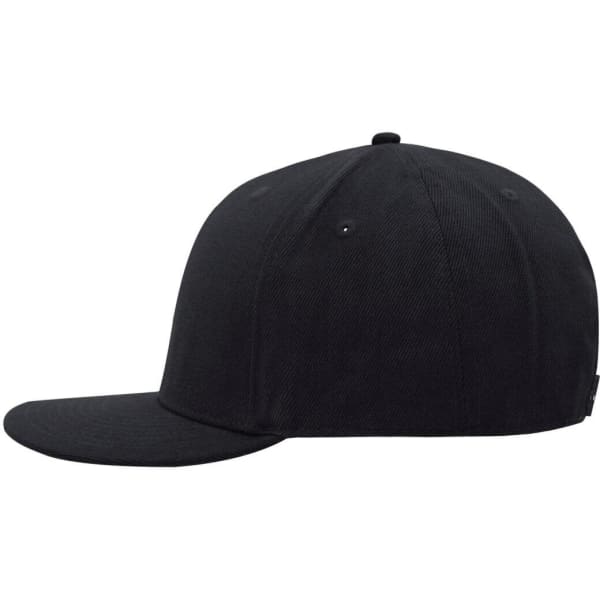 A black six-panel cap with a curved peak and a small branding logo.