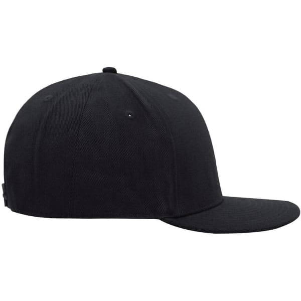 A black 6-panel cap styled hat featuring a logo on the side, showcasing a classic design and flat brim.