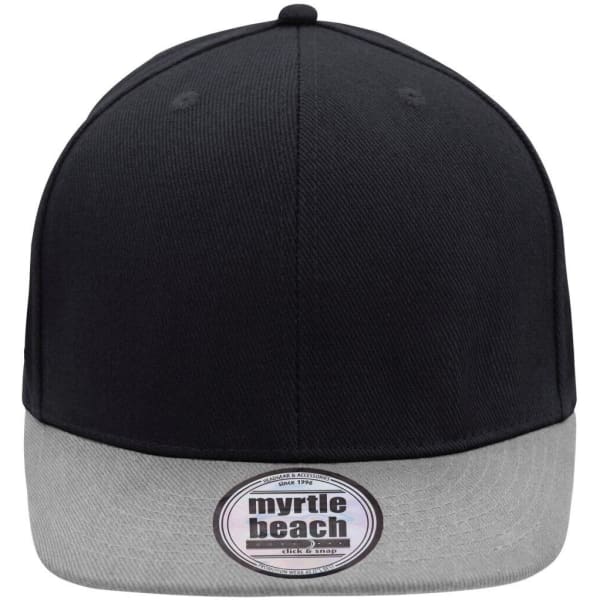 A black cap with a grey brim and a logo sticker on the front.