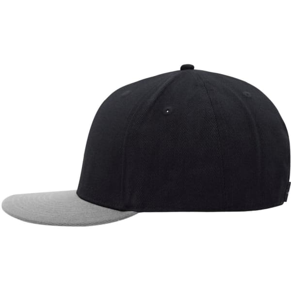 A black cap with a grey peak, featuring a logo on the side.