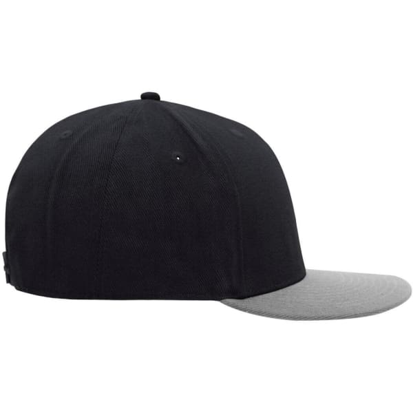 A black 6 Panel Pro Cap with a grey peak, featuring a logo on the side.