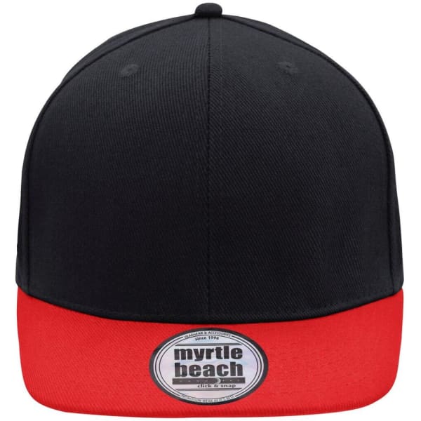A black and red six-panel cap featuring a circular branding logo on the front.
