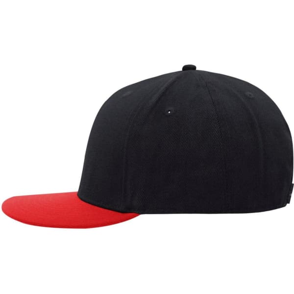 A black cap with a red peak, featuring a logo on the side and a six-panel design.