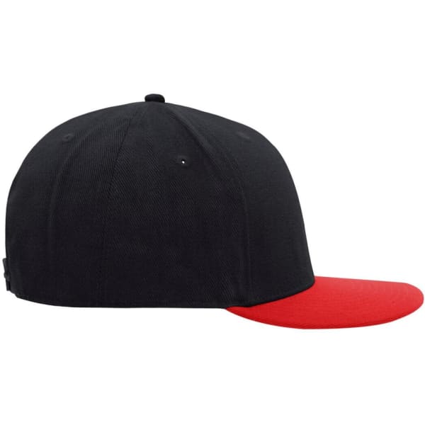 A black cap with a red peak, featuring a logo on the side.