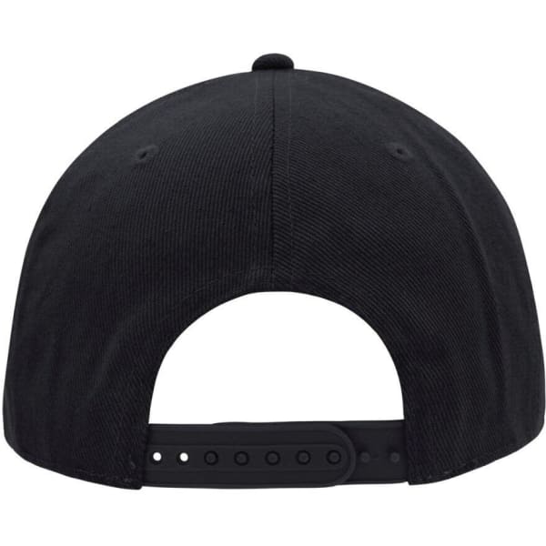 A black 6 Panel Pro Cap Style with a smooth rear and an adjustable strap. Features a logo on the back.