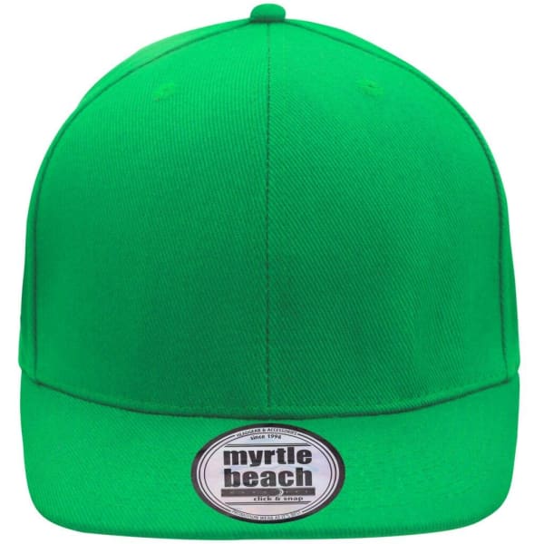 A green 6 Panel Pro Cap with a flat brim and a label on the front.