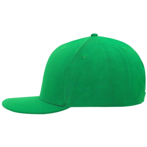 A vibrant green 6-panel cap with a curved brim and a fitted design, featuring a logo on the side.