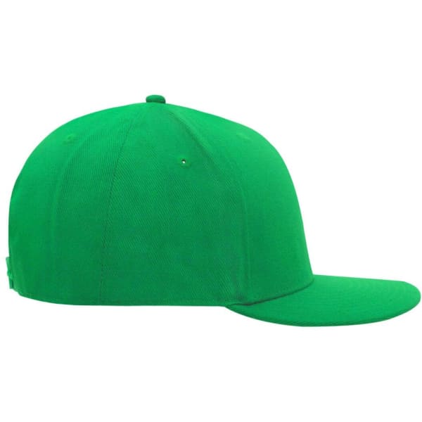 A green 6-panel cap with a flat brim, featuring a logo on the side.