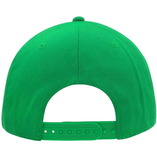 A green cap with a six-panel design, featuring an adjustable strap at the back and a logo.