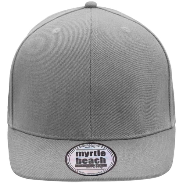 A grey six-panel cap with a flat brim and a logo on the front.