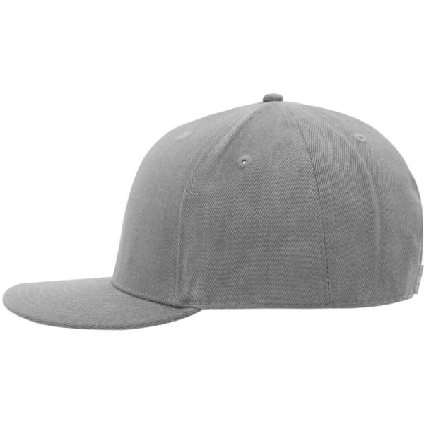 A grey six-panel cap featuring a flat brim and an adjustable strap at the back. It has a logo on the side.