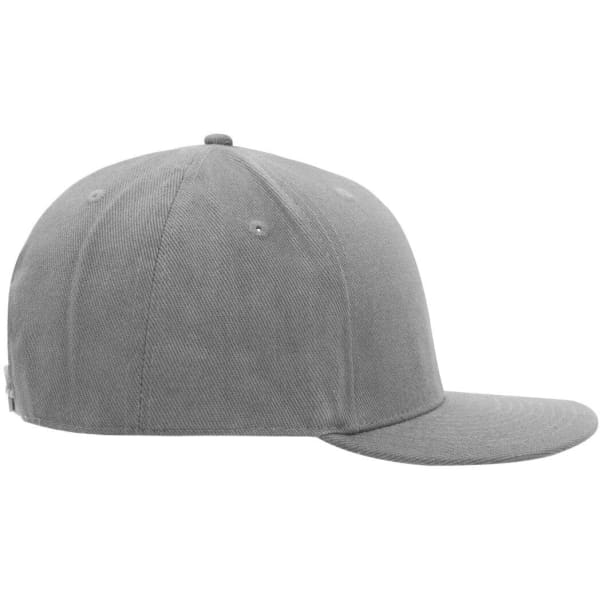 A grey 6 panel cap with a flat brim and a logo on the side.