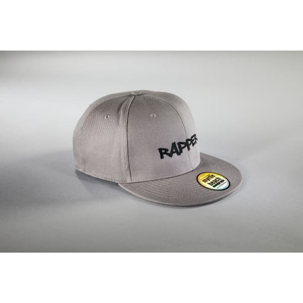 A grey six-panel cap featuring embroidery and a branded tag on the side.