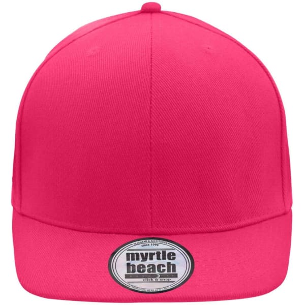 A bright pink cap featuring a flat brim and a logo on the front.