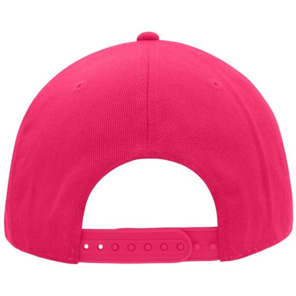 A bright pink cap featuring a smooth back design and an adjustable strap. It has a branding logo on the back.