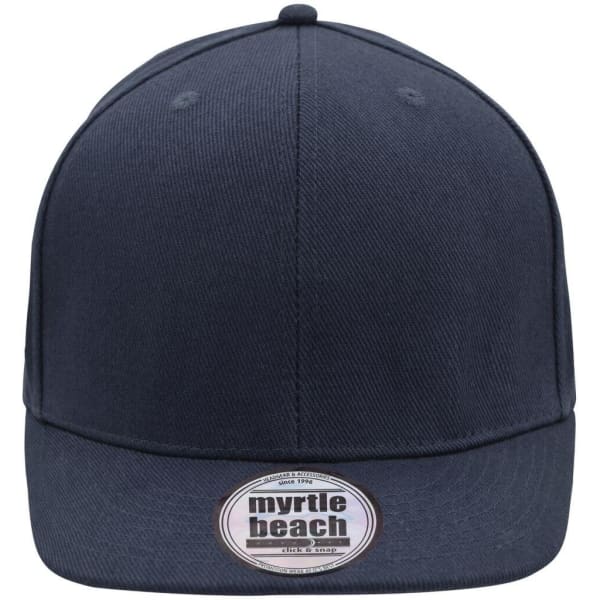 A navy blue 6-panel cap with a flat brim and a logo on the front.