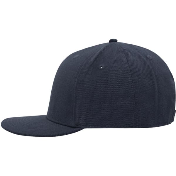 A navy blue 6-panel cap with a structured crown and a curved brim, featuring a logo on the side.