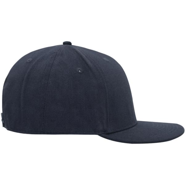 A navy blue six-panel cap featuring a structured design and a flat brim, with a logo on the side.