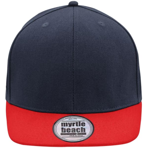 A six-panel cap featuring a navy top and red brim, with a branding label at the front.