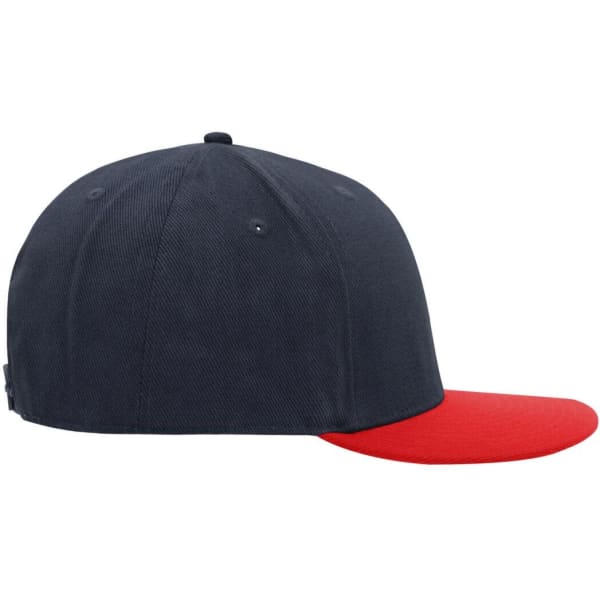 A six-panel cap featuring a navy blue body and a red peak, with a logo on the side.