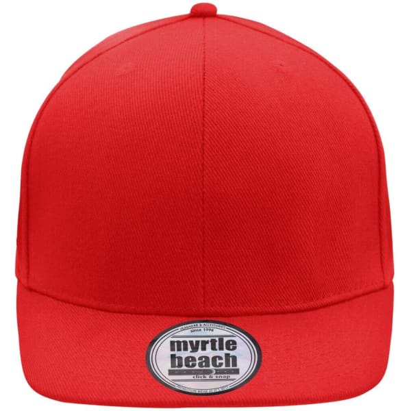 A red 6 Panel Pro Cap Style hat featuring a circular branding label on the front.