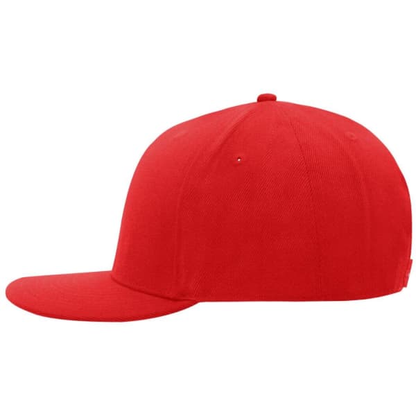 A red six-panel cap with a curved brim and a logo on the side.