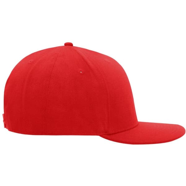 A red six-panel cap with a flat brim and a logo on the side.