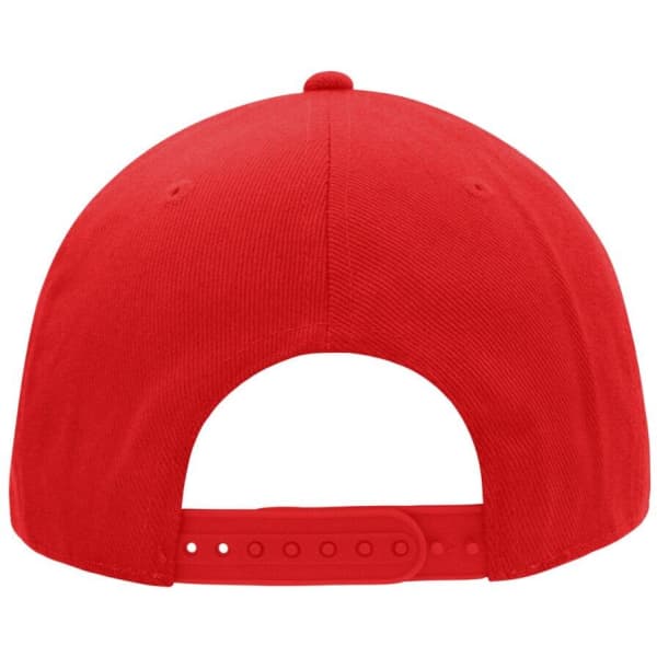 A red cap features a six-panel design and an adjustable strap at the back. It has a logo on the side.