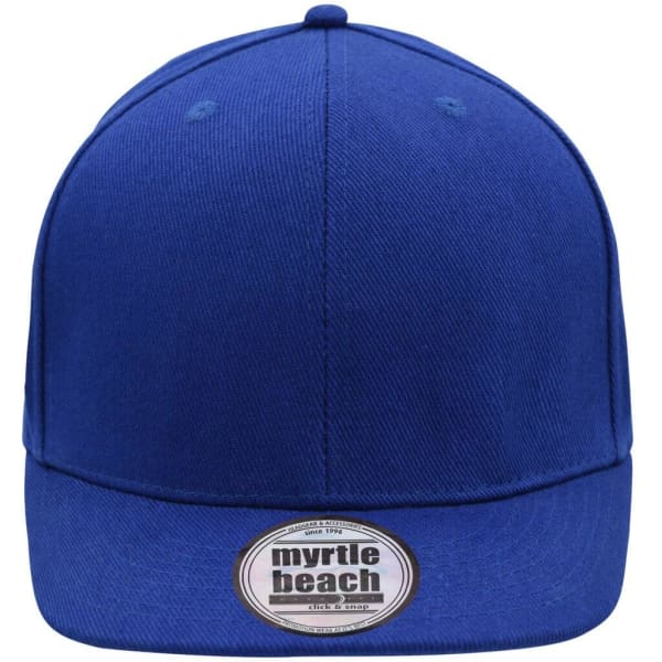 A blue six-panel cap with a flat brim and a logo on the front.