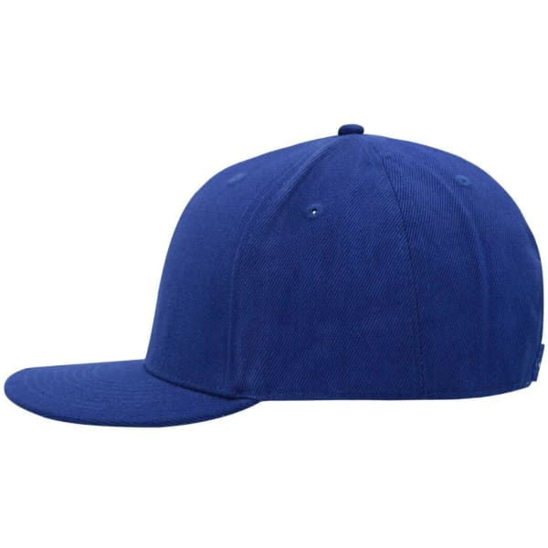 A blue six-panel cap with a flat brim and a logo on the side.
