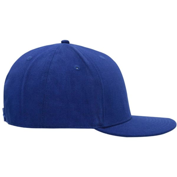 A blue 6 Panel Pro Cap with a flat brim and a logo on the side.