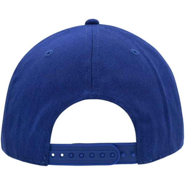 A blue 6-panel cap with a adjustable strap at the back, featuring a logo.