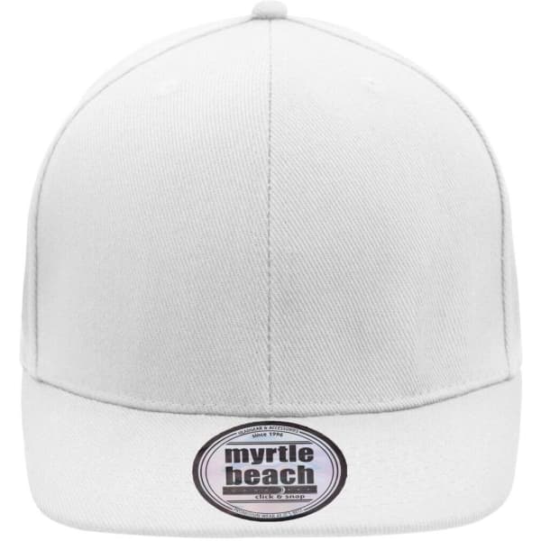 A white six-panel cap featuring a hard front and a flat brim. It has a logo on the underside of the brim.