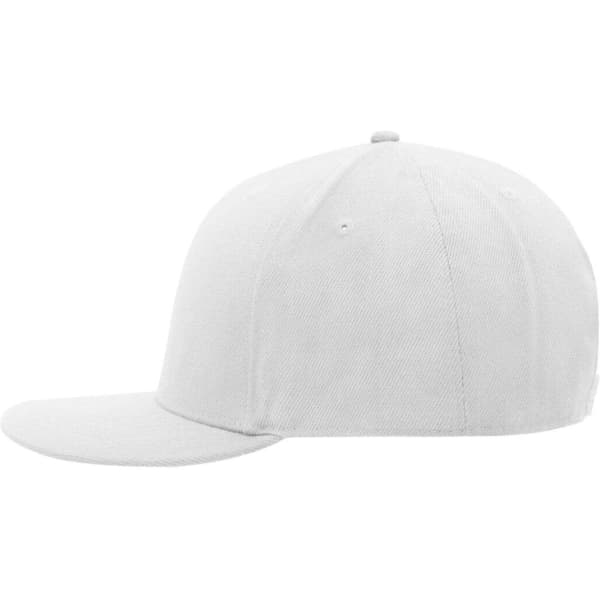 A white 6-panel cap with a flat brim, featuring a logo on the front and air holes on the sides.