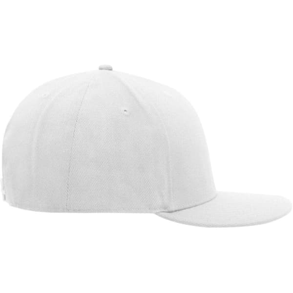 A white 6-panel cap with a flat brim and a branding logo on the side.