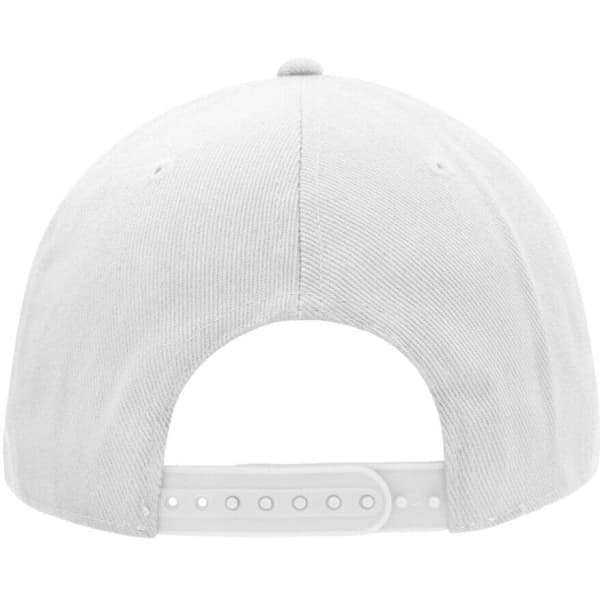 A white 6 Panel Pro Cap Style cap featuring a snapback closure and a plain design on the back.