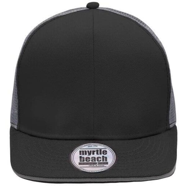 A black trucker cap with a grey mesh back and a branding logo on the front.