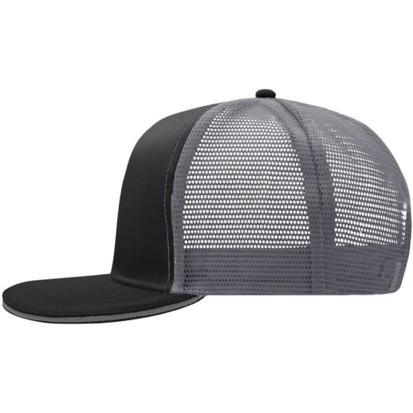 A black and grey Pro Cap Mesh 6 Panel Trucker cap featuring a mesh back and a flat brim, with a logo.