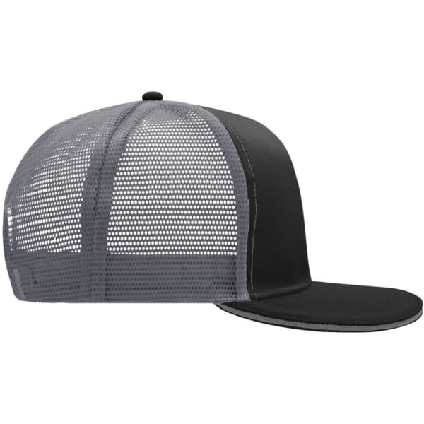 A black trucker cap featuring a grey mesh back and a flat peak, with a logo on the front.