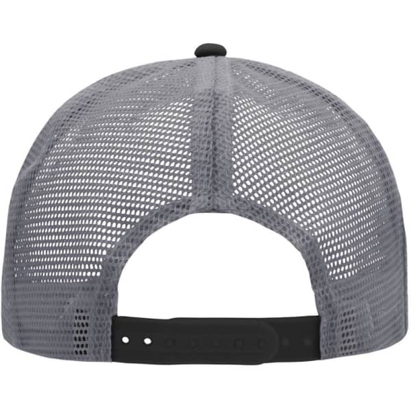A grey mesh trucker cap featuring a six-panel design and a black adjustable strap at the back.