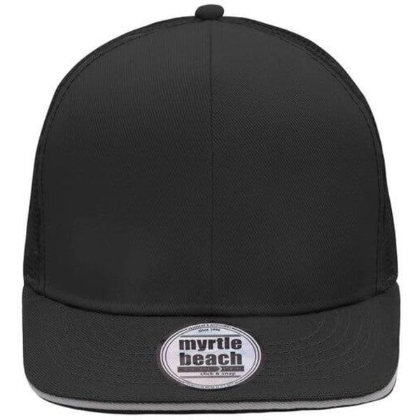 A black six-panel trucker cap featuring a curved brim and an attached logo on the front.