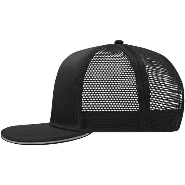 A black mesh trucker cap with a six-panel design and a curved brim, featuring a logo on the front.